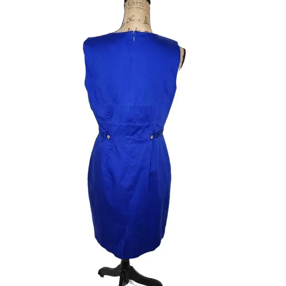 CALVIN Klein Womens Button Tab Cotton Canvas Pencil Dress Size 12 Royal Blue - Picture 3 of 13